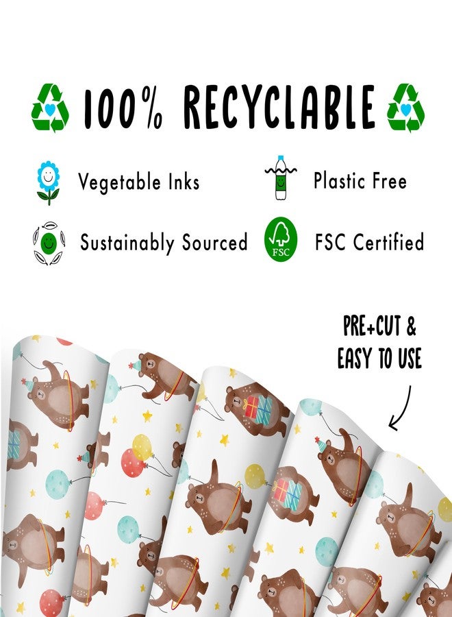 CENTRAL 23 Happy Birthday Wrapping Paper For Boys And Girl - 6 Sheets Eco Gift Wrap - Baby Animal Wrapping Paper - Cute Bear Print For Kids - Comes With Fun Stickers - Recyclable - Image 3